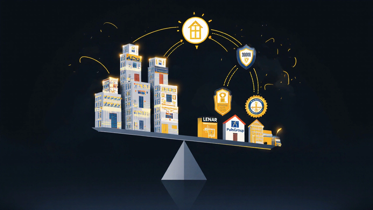 Symbolic scale showing D.R. Horton&#039;s dominance over competitors with supply chain elements.