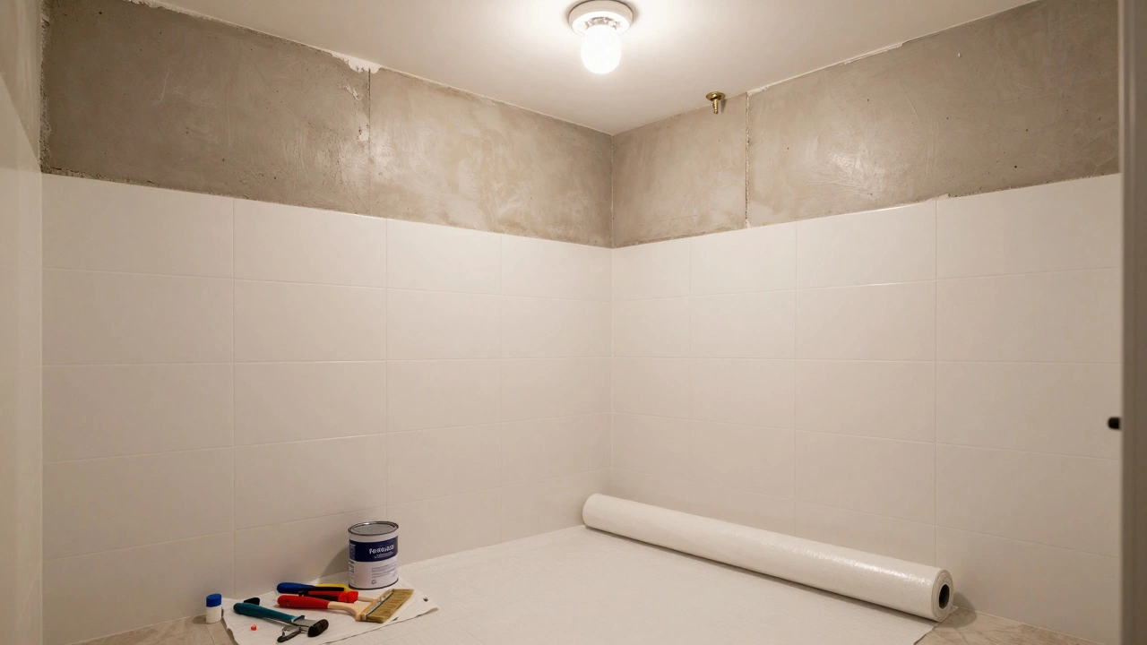 Budget bathroom upgrade showing waterproof membrane, cement board, and paint cans during installation.