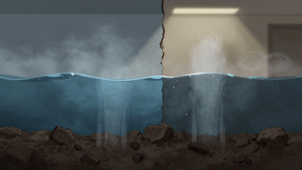 Conceptual split image showing water pressure from soil pushing into basement wall with condensation.