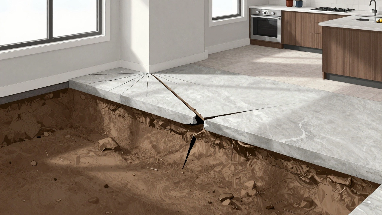 Cracked foundation and sloping floor in a new house, showing structural settlement issues.