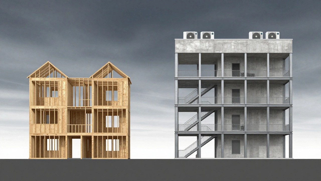 Cross-section comparison of residential wood frame and commercial steel structure skeletons.