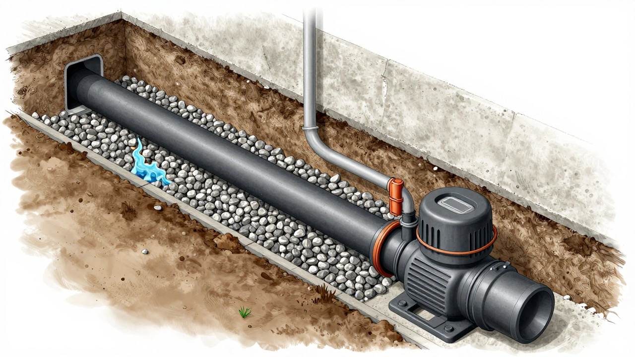 Cross-section of interior foundation drainage system with sump pump and gravel bed.
