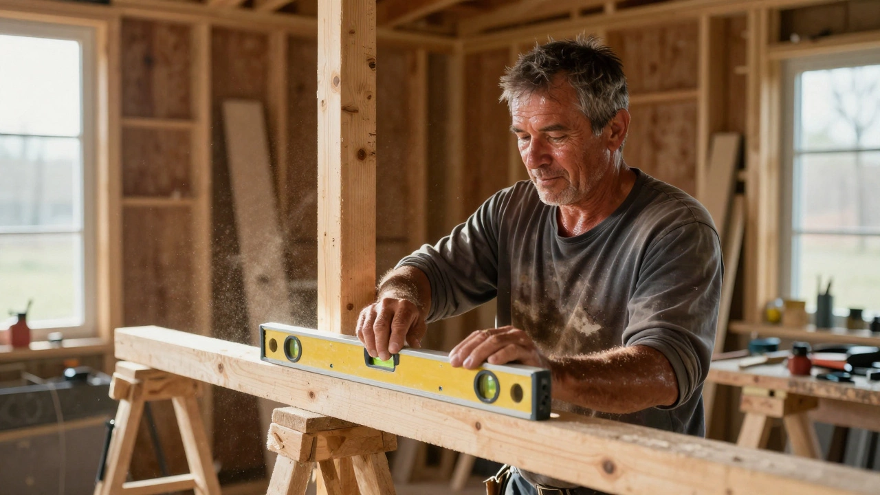 Experienced carpenter adjusting a wooden beam with precision tools on a half-built wall.