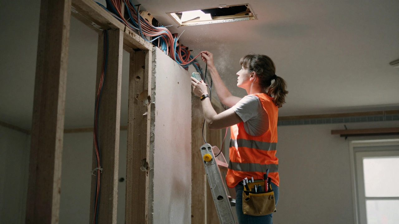 Female electrician testing wiring in a retrofitted apartment with exposed beams.