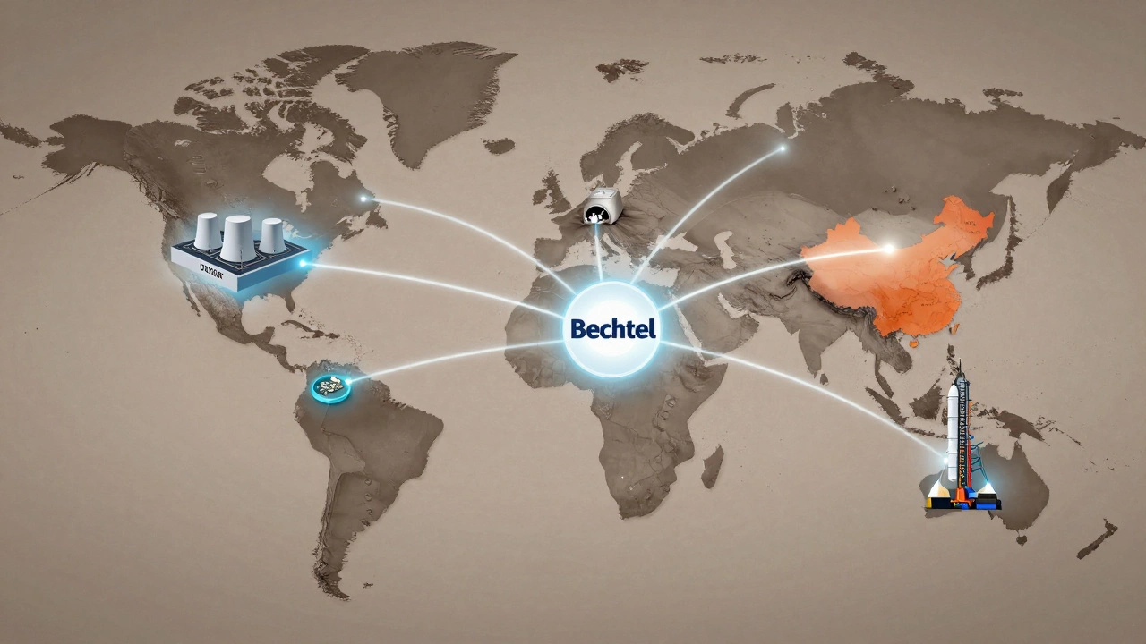 Global map with glowing lines connecting Bechtel's major infrastructure projects across continents.