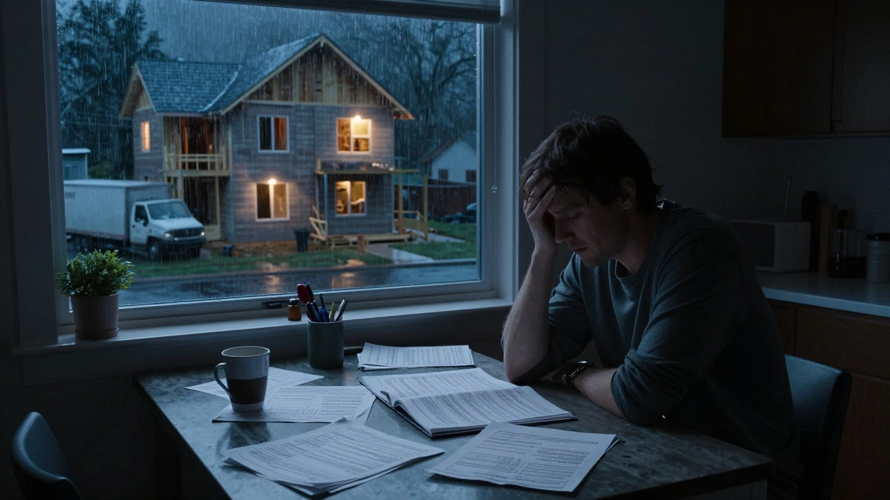 Homeowner at night surrounded by financial documents, looking out at a half-built house under construction rain.