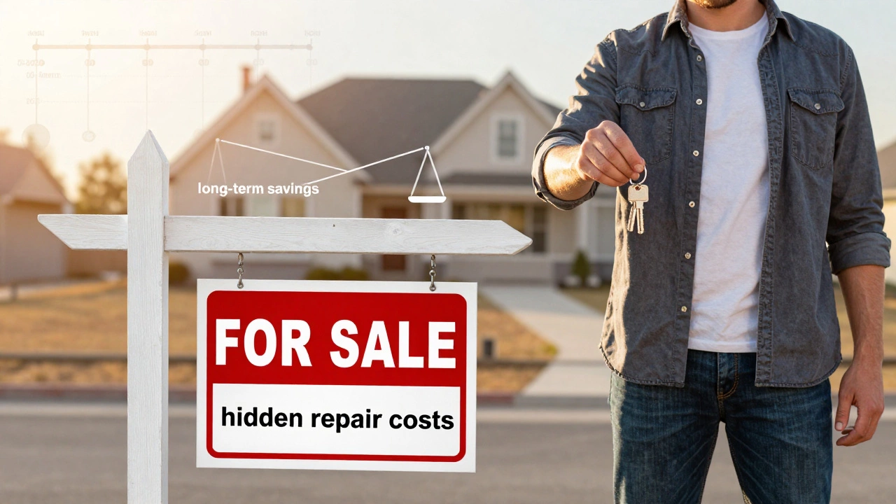 Homeowner holding keys to new house beside empty lot with financial scales.