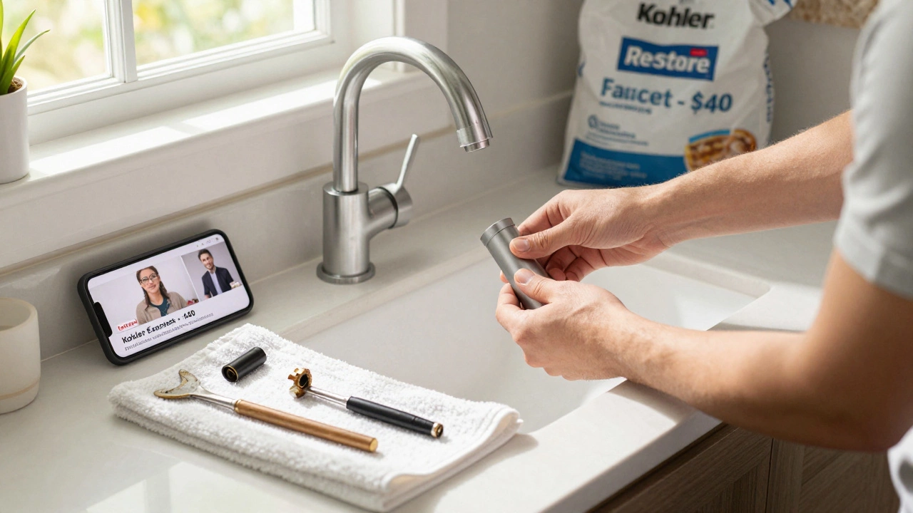 Homeowner installing a new faucet themselves, with a ReStore bag and smartphone tutorial visible.