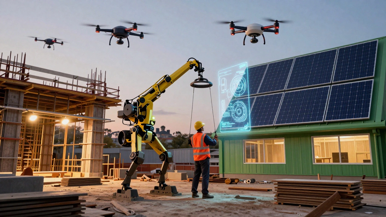 Modern construction site with worker in exoskeleton, drones, and holographic blueprints.