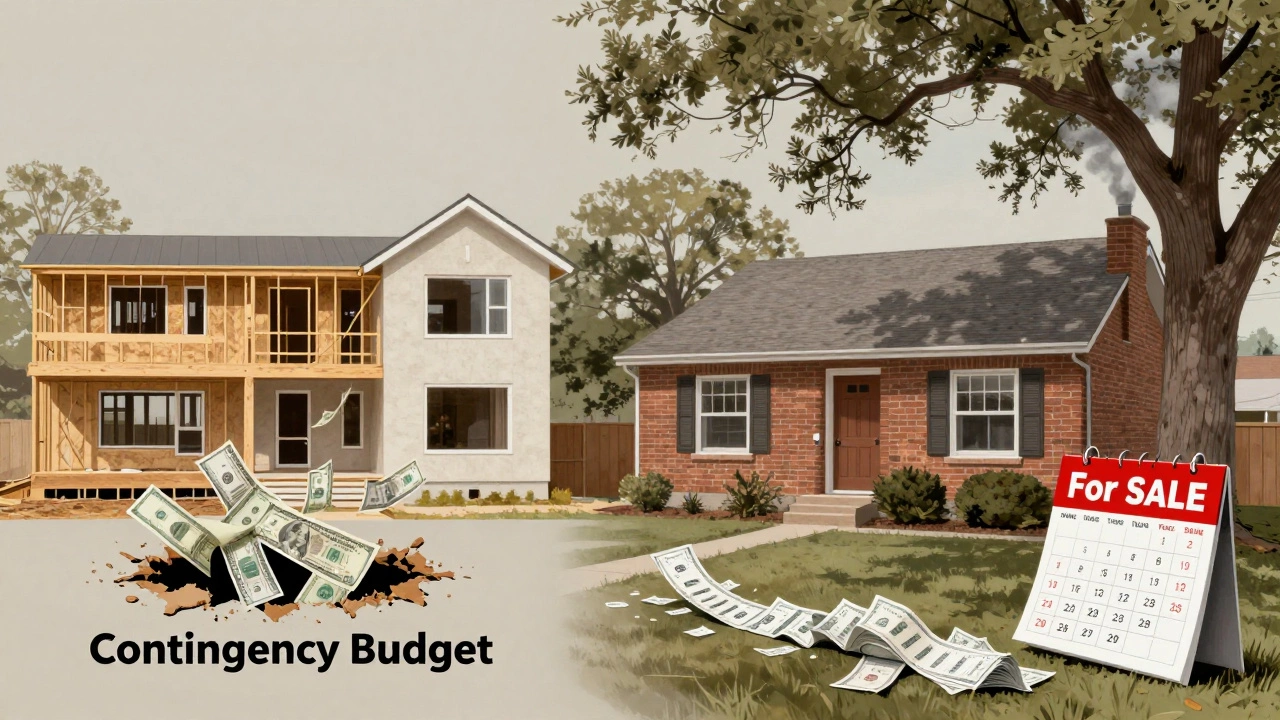 Split image: new home under construction with money disappearing vs. established home with trees and rent receipts piling up.