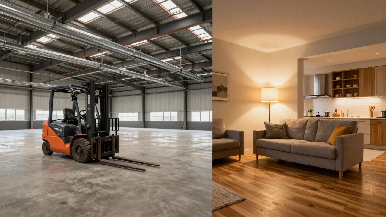 Split interior: commercial warehouse with steel beams versus cozy residential living room.