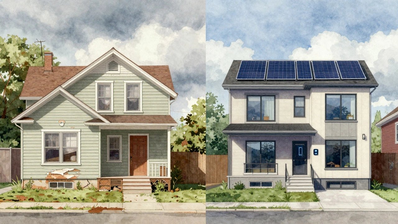 Split-screen comparison of aging house versus new energy-efficient home.