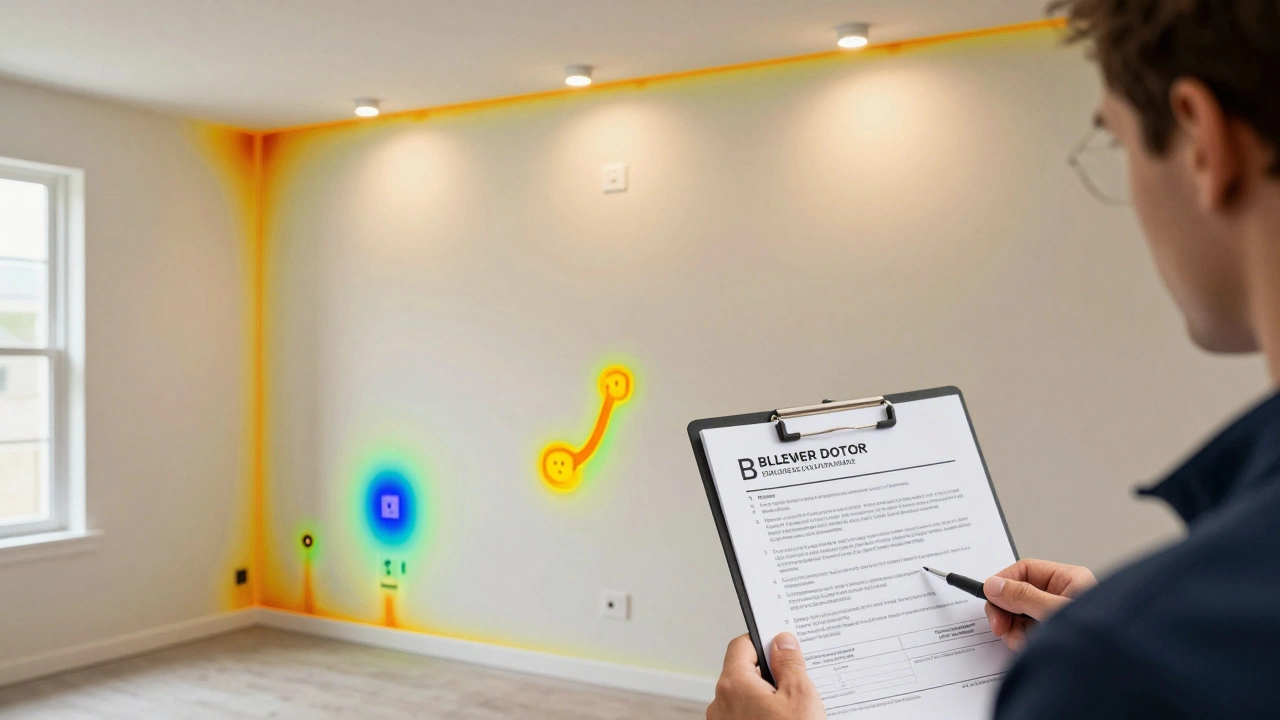 Thermal image revealing cold air leaks around pipes and electrical outlets in a new home.