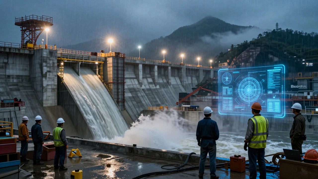 Time-lapse scene of the Three Gorges Dam under construction at night with workers and holographic blueprints.